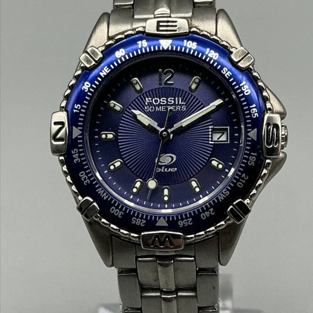 Fossil Blue AM-3104 Womens Watch 29mm Blue Dial Stainless Date New Battery 6.5